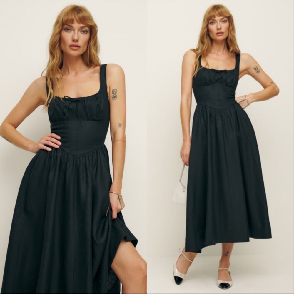 NWT Reformation Balia Linen Midi Dress in Black. Size 0.